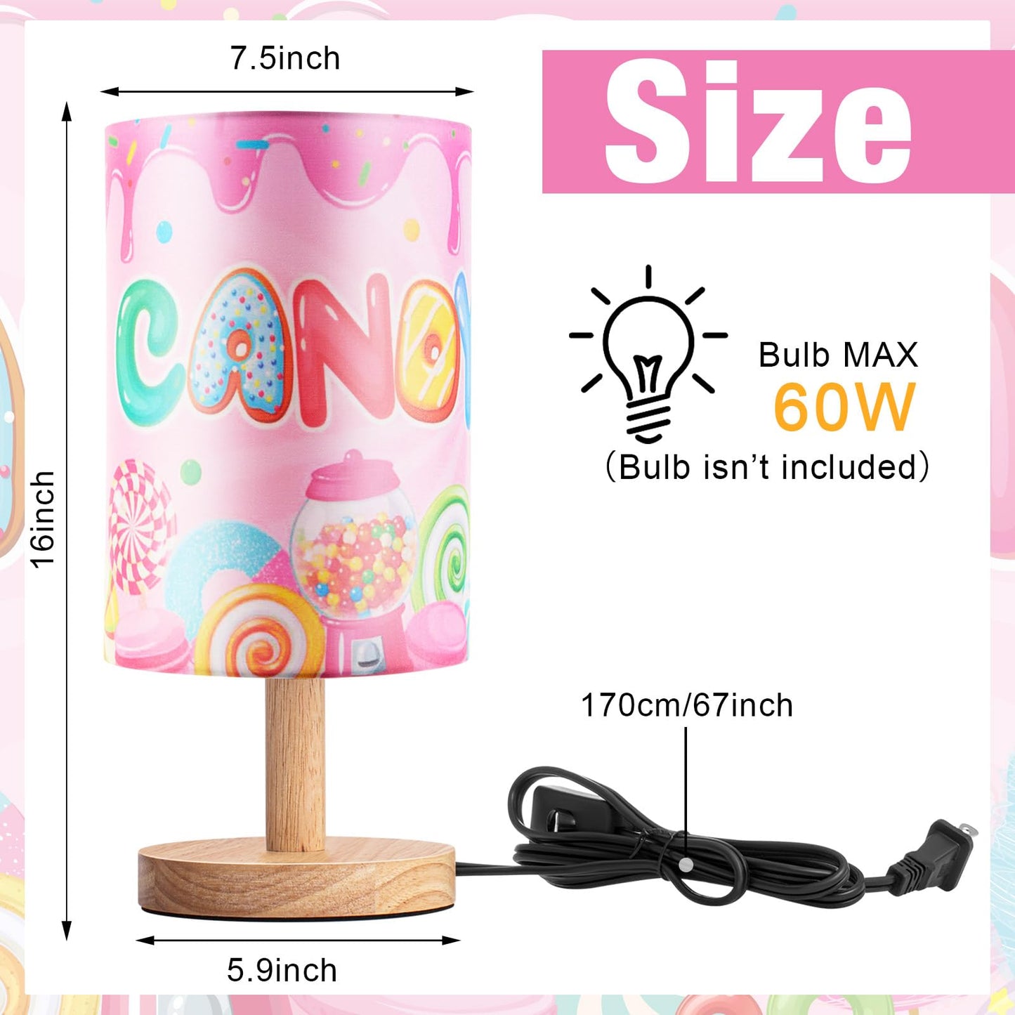 Tujoe Kids Table Lamp Candyland Theme Bedside Lamp with Fabric Shade, Cute Candy Lollipop Doughnut Nursery Night Light for Girls Boys Bedroom, Children's Reading Desk Lamps for Gift