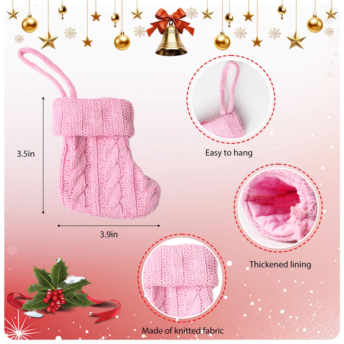 FSAIUIS 12Pcs Mini Knitted Christmas Stockings,Small White and Pink Knit Hanging Stocking for Fireplace Family Home Party Decorations