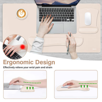 MOSISO Keyboard Mouse Pad Set, Large Gaming Mousepad&Keyboard Wrist Rest&Mouse Wrist Rest&Coaster, Ergonomic Non-Slip Mousepad&Easy Typing Cushion with Memory Foam for Home Office, Apricot