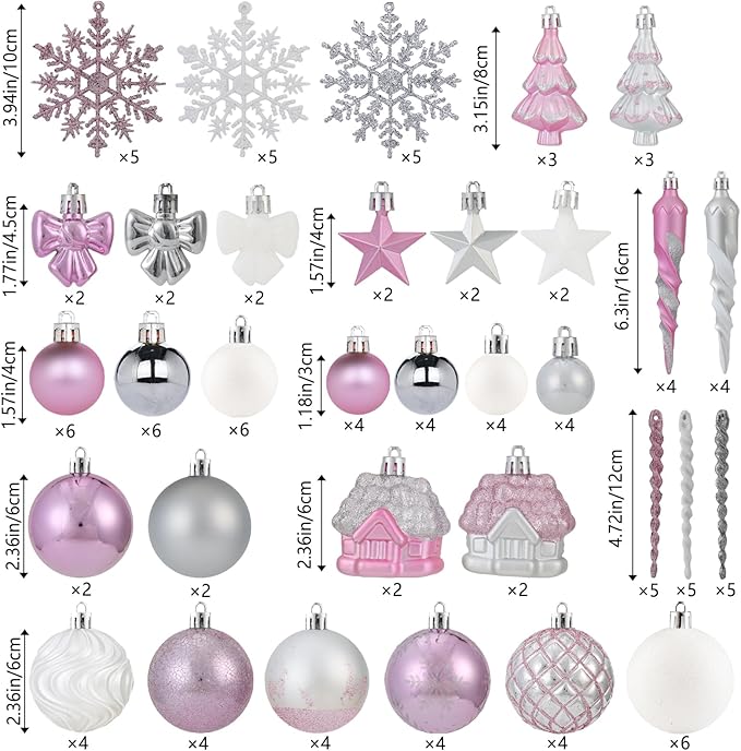 124Ct Pink White and Silver Christmas Ornaments Set,Shatterproof Assorted Christmas Decorations for Xmas Tree Snowflake Icicle House Ball Ornaments Baubles for Holiday Party(Pink White Silver)
