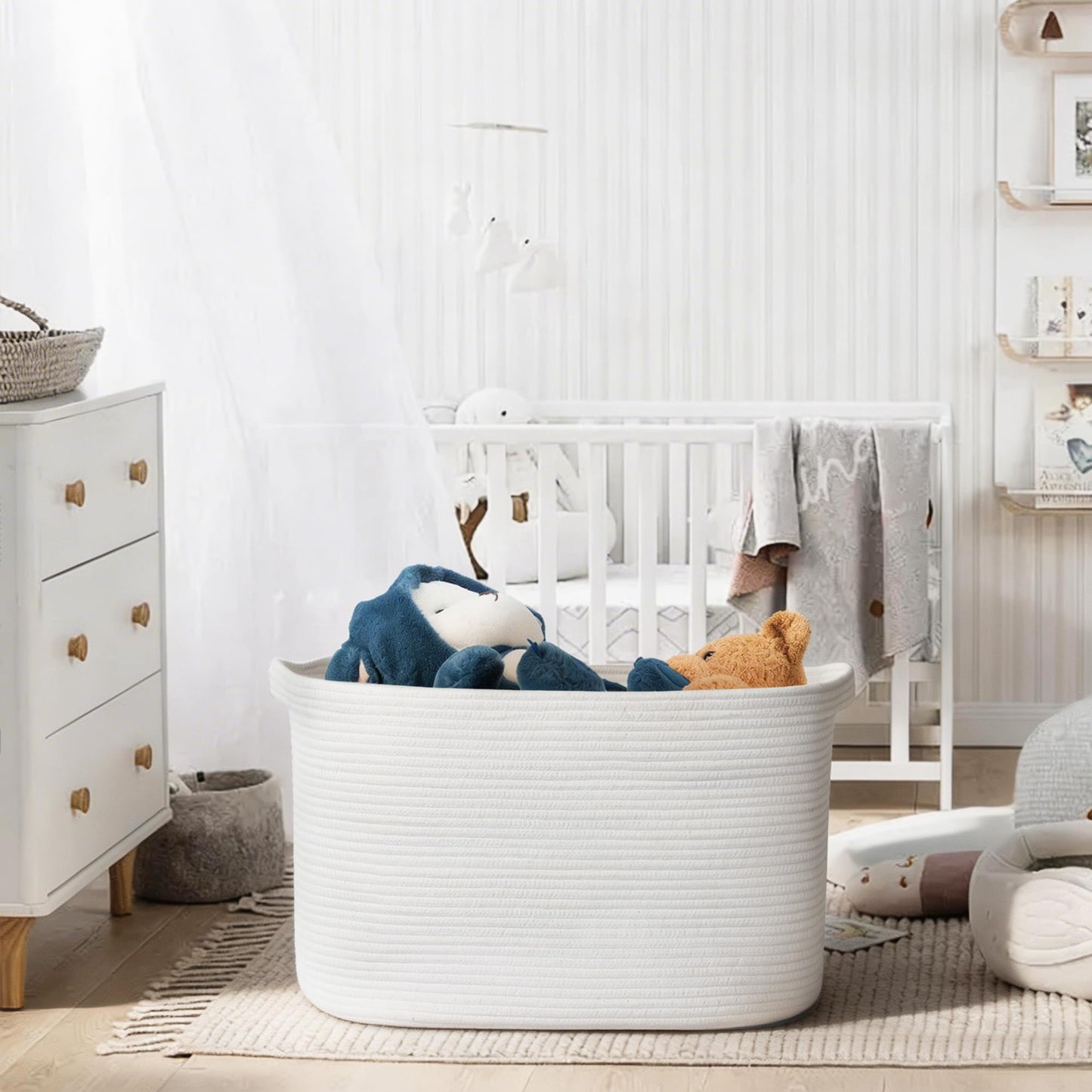 MEGASKET Extra Large White Storage Basket, 23.6" x 17" x 12" Rectangle Blanket Storage for Living Room, White Woven Cotton Rope Basket, Big Kids Toy Box Bin, XXXL Wicker Laundry Baskets for Organizing