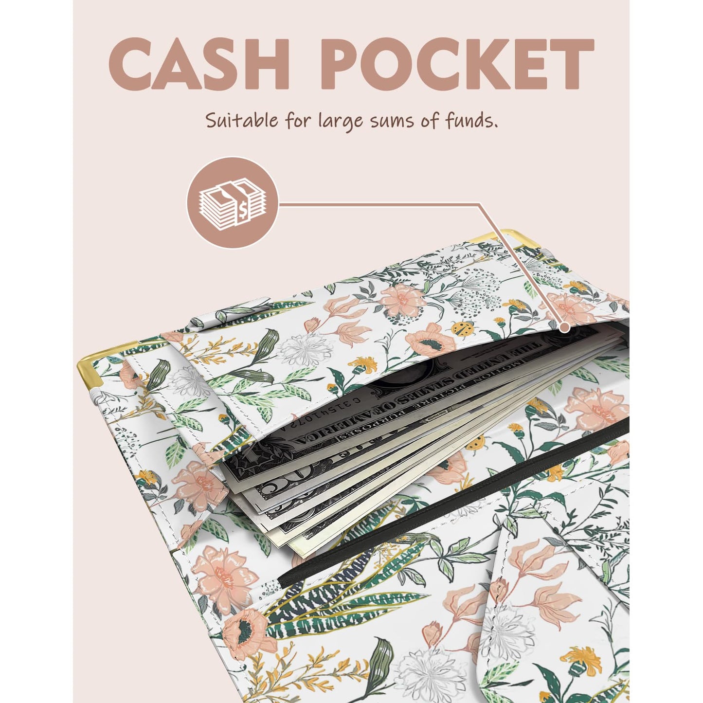 YeeCASE 2Pack Flower Server Book for Waitress with Money Pocket and Zipper Pouch, Fits Waitress Apron, Waitress Accessories, Receipt Holder with High Volume Pocket (Flower-Grass)