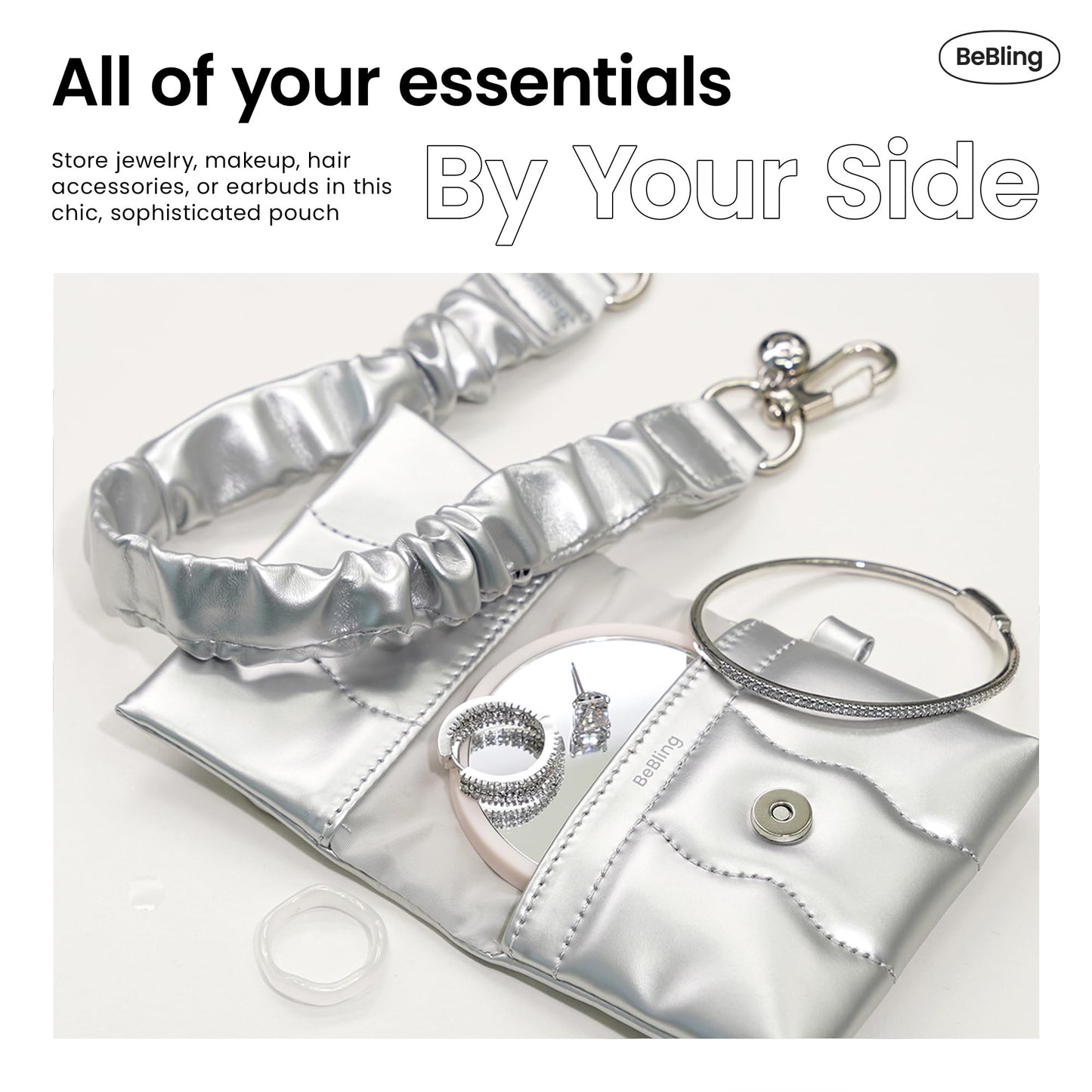 iFace BeBling Wave Soft Earbud Pouch [Vegan Leather, Water-Resistant Cushion Protection, Magnetic Closure,Carabiner Hook,Stylish Compact Case Compatible with AirPods 1/2/3/4,Pro1/2&Galaxy Buds]-Silver