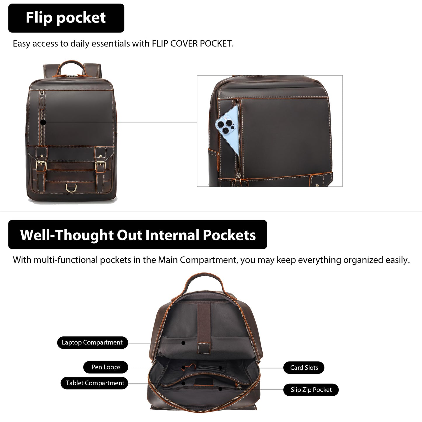 LANNSYNE Vintage Genuine Leather Backpack For Men Fits up to 16" Laptop Travel Hiking Rucksack