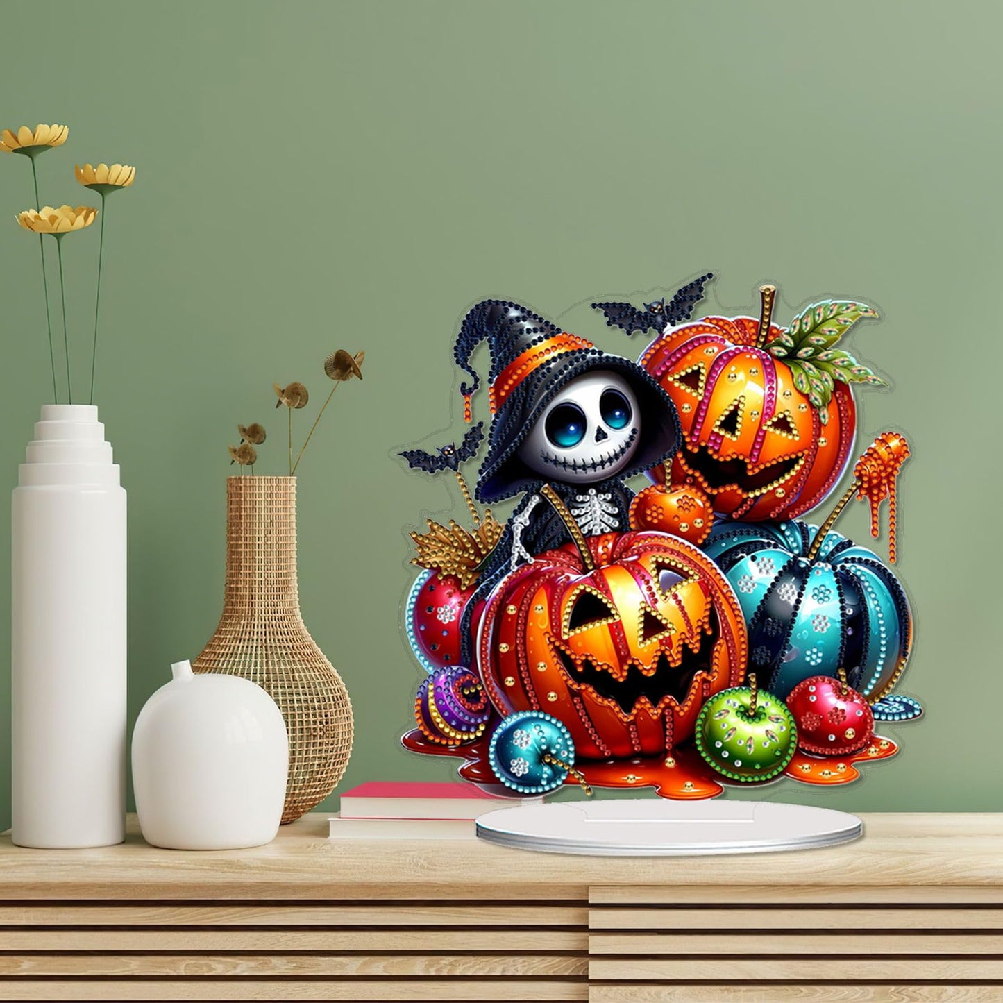 VODAPYC Halloween Tabletop Diamond Art Painting Kit, DIY Stand Up Double Sided Special Shaped Diamond Painting Desktop Ornament(Ghost Pumpkin)
