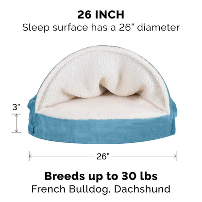 FurHaven Pet Dog Bed | Cooling Gel Memory Foam Orthopedic Round Faux Sheepskin Snuggery Pet Bed for Dogs & Cats, Blue, 26-Inch