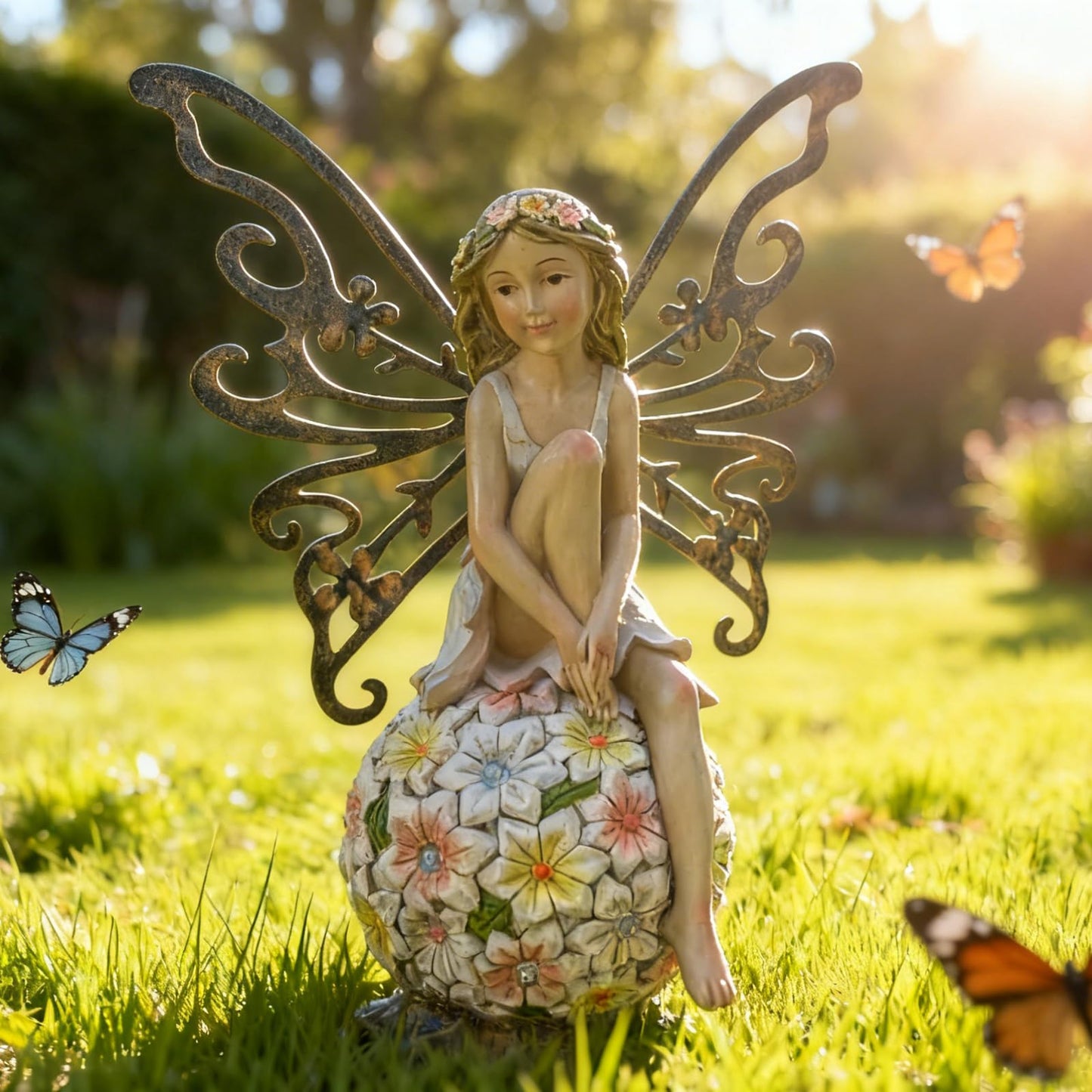 Solar Fairy Statue Garden Decor - Fairies and 7 LED Lights - Lawn Decor Statue for Patio, Balcony, Yard Ornament - Gifts for Mom Grandma Women