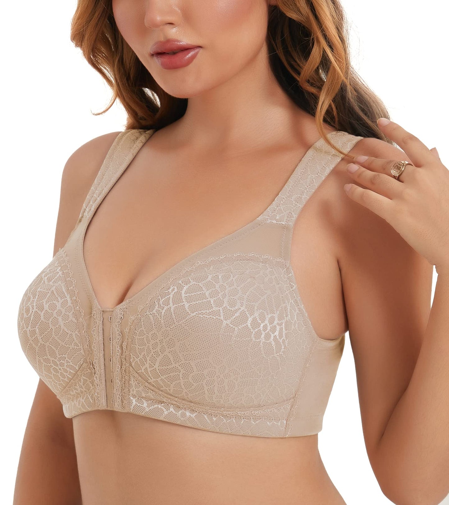 HACI Women's Front Closure Posture Bra Full Coverage Back Support Wireless Unpadded(Beige,38DD)