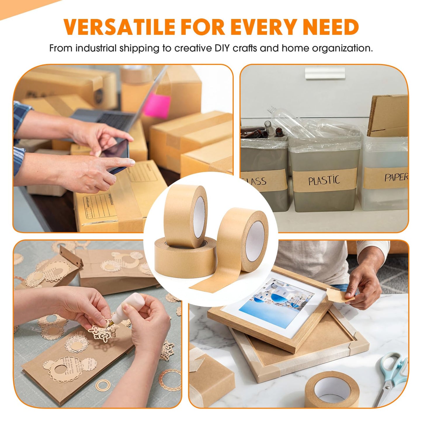 Treela 18 Rolls Brown Packing Tapes Bulk 2 Inch x 55 Yards Kraft Paper Tape Packaging Tapes Tear by Hand for Cardboard Masking Sealing Boxes Express Parcels Office Use
