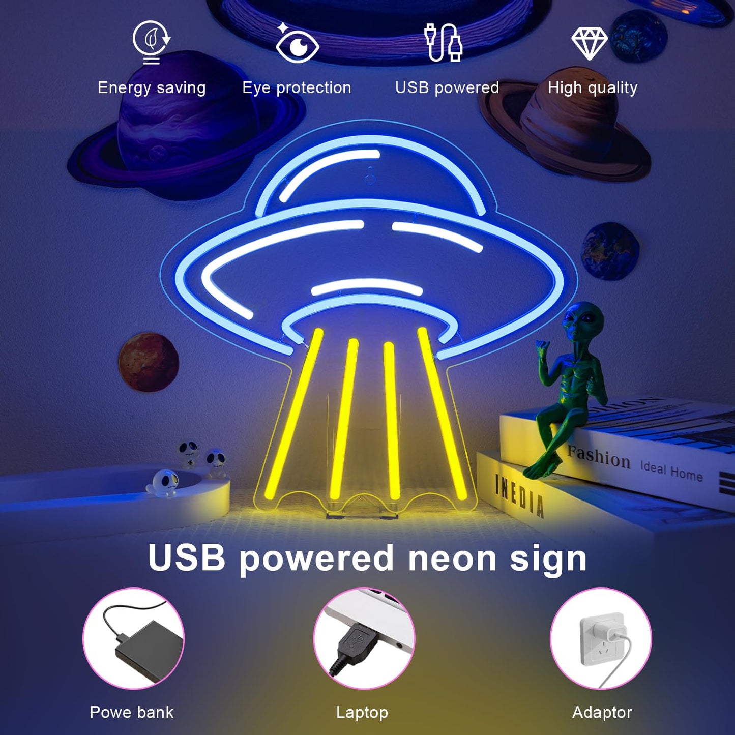 LUCUNSTAR UFO Neon Sign For Room Alien LED Neon Light Spaceship Dimmable Space Neon Signs for Wall Decor Blue UFO Neon Light Up Sign for Bedroom Game Room Wall Decor Ufo Lovers