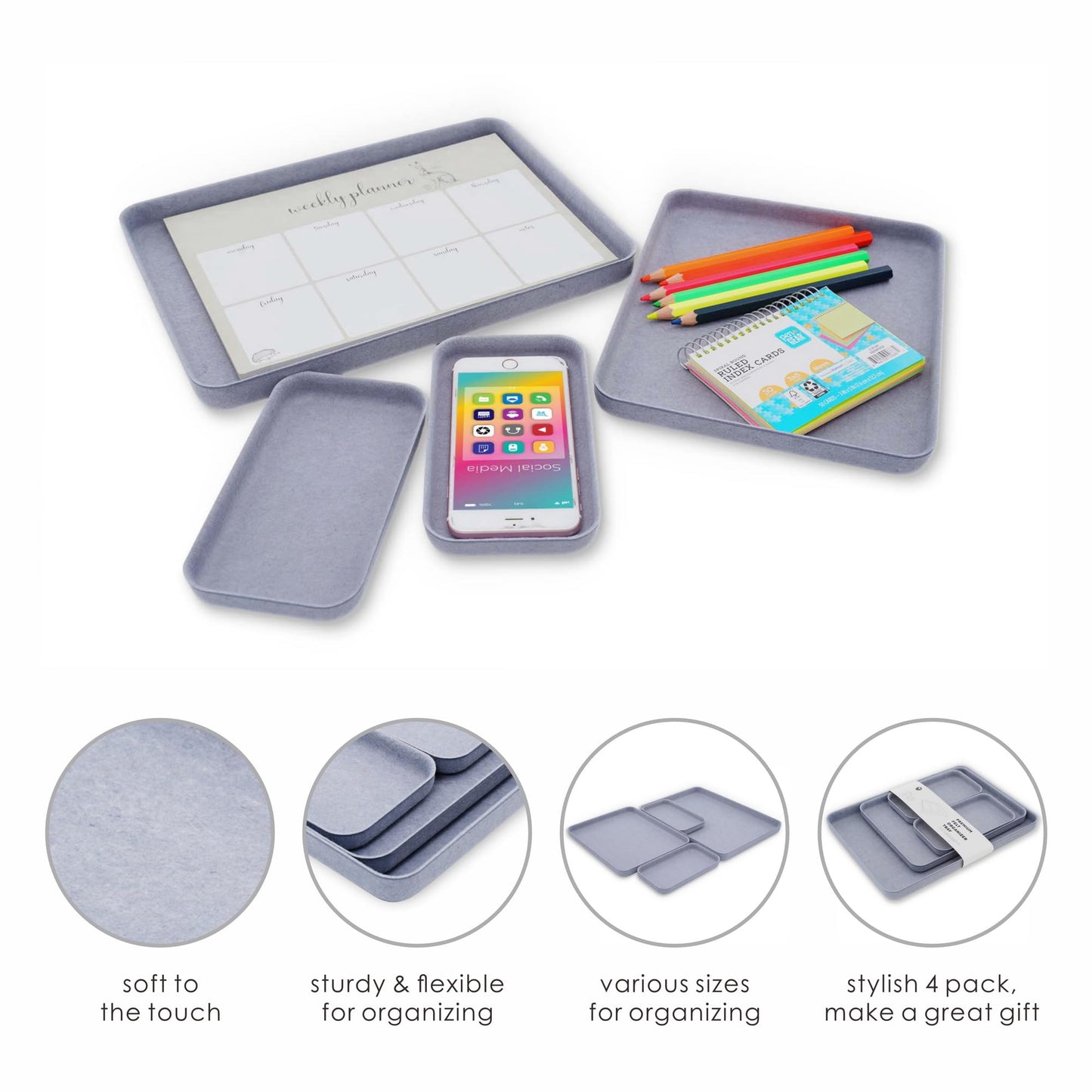 Welaxy EDC Catchall Desk Organizer felt tray stylish nightstand multi tray Entryway Bedside Caddy for Keys Phone Wallet Watch Glasses Pens Office Accessory minimalist living 4-piece (Glacier Gray)
