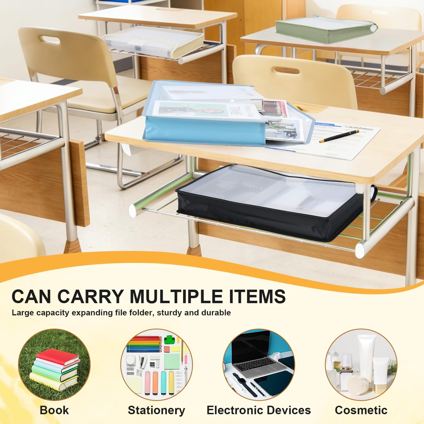 12 PCS A3 Expandable Tabloid Size Document Folder Plastic Expanding Wallet Envelopes with Snap Black Green Pink Beige Expanding File Wallet A3 with Label File Organizer Folders for Office School