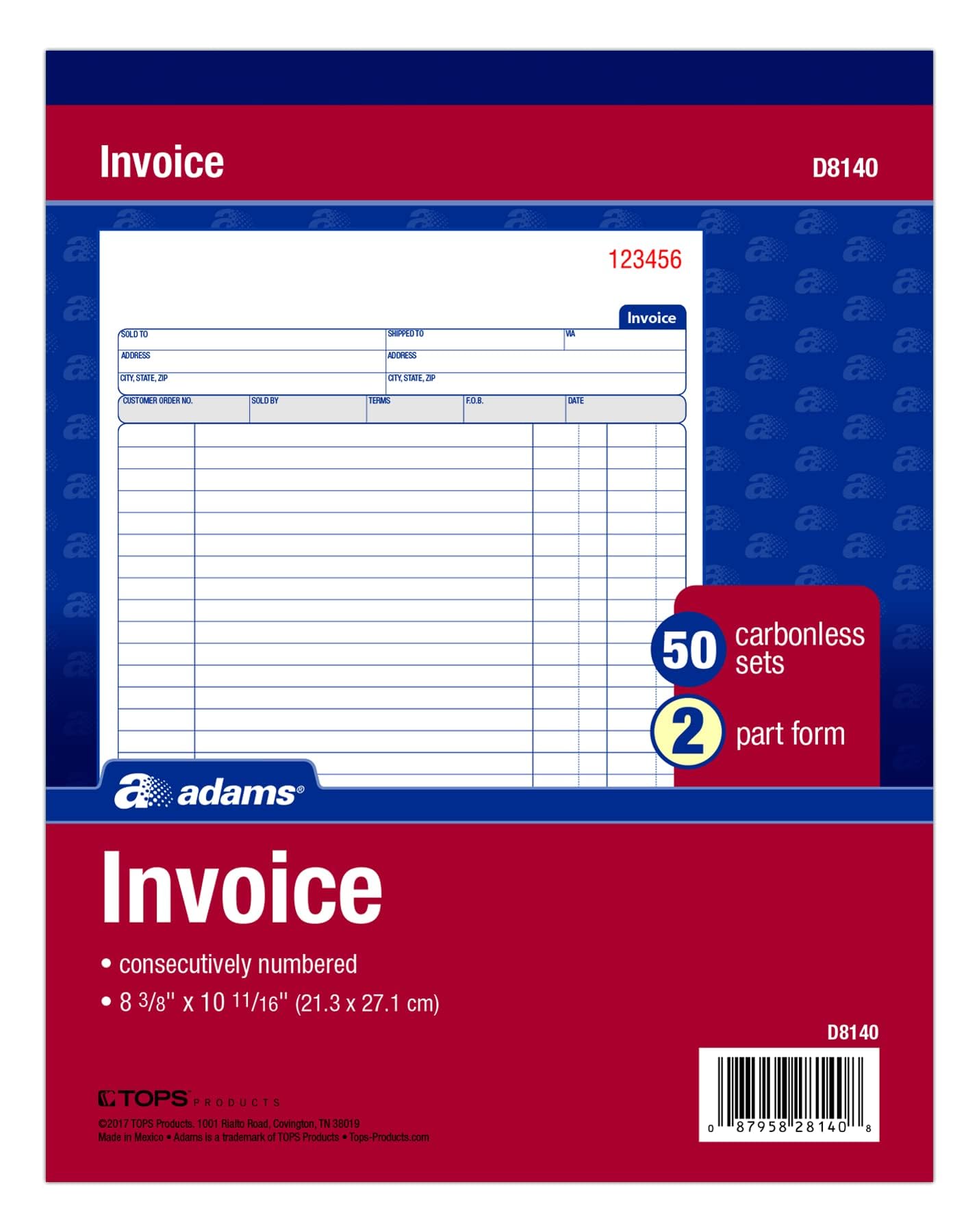 Adams Invoice Book, 8-3/8 x 10-11/16 Inches, 2-Part, Carbonless, White/Canary, 50 Sets per Book (D8140)
