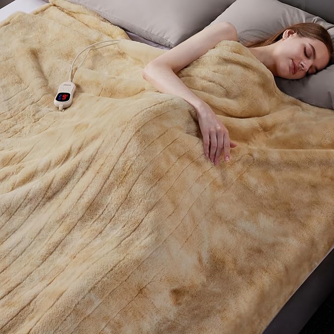 Guohaoi Heated Blanket Electric Throw, Soft Faux Rabbit Fur Electric Blanket with 10 Heating Levels 5 Sitting Timer Auto Off, Cozy Warm Heating Blankets, Machine Washable(84"×90" Beige)