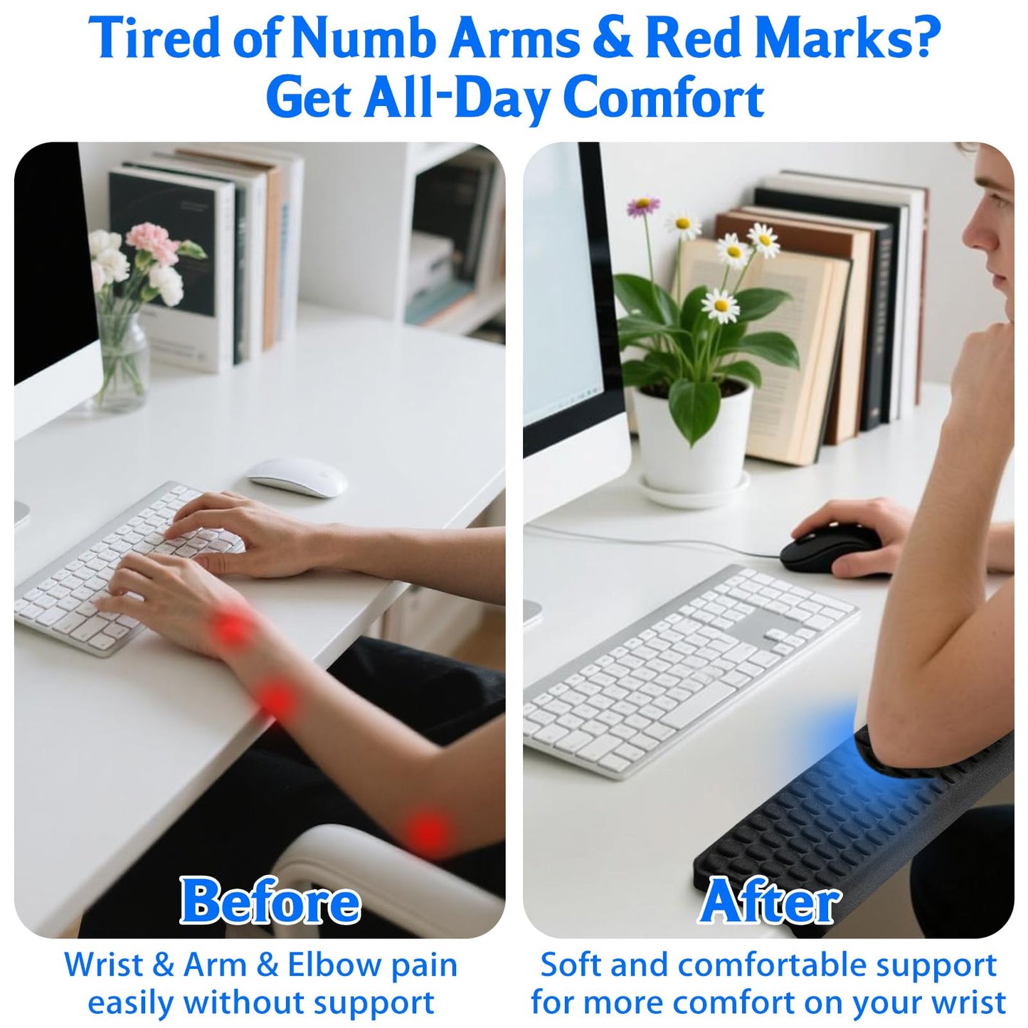 Arm Rest for Desk, L-Shaped Memory Foam Elbow Pads with Non-Slip Base, 2-Piece Ergonomic Desk Edge Cushion & Wrist Rest for Mouse & Keyboard, Desk Arm Support for Office, Gaming & Home
