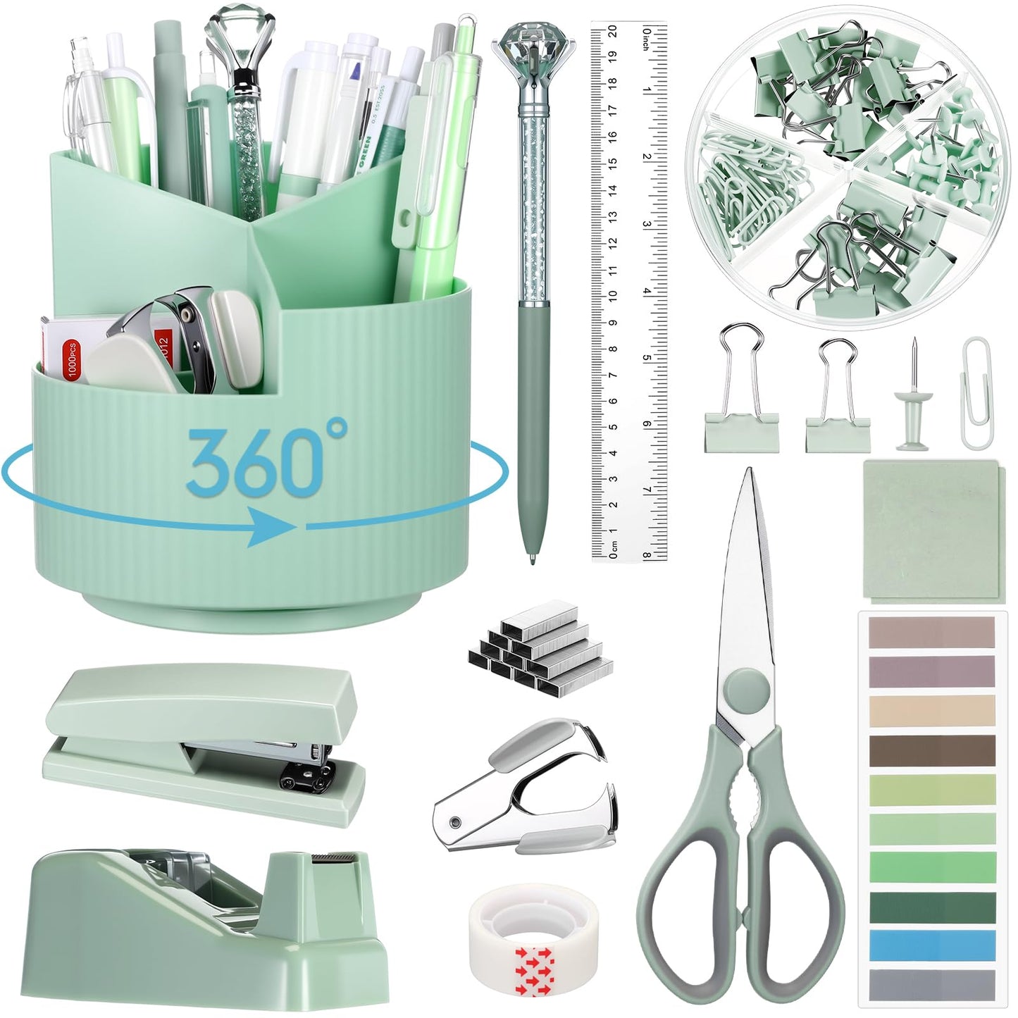 Marspark Sage Green Office Desk Accessories 12 Pcs Office Supplies Set 360° Rotating Pen Holder, Stapler, Tape Dispenser, Scissor, Sticky Notes, Binder Clips, Desk Organizers Gift for Home School