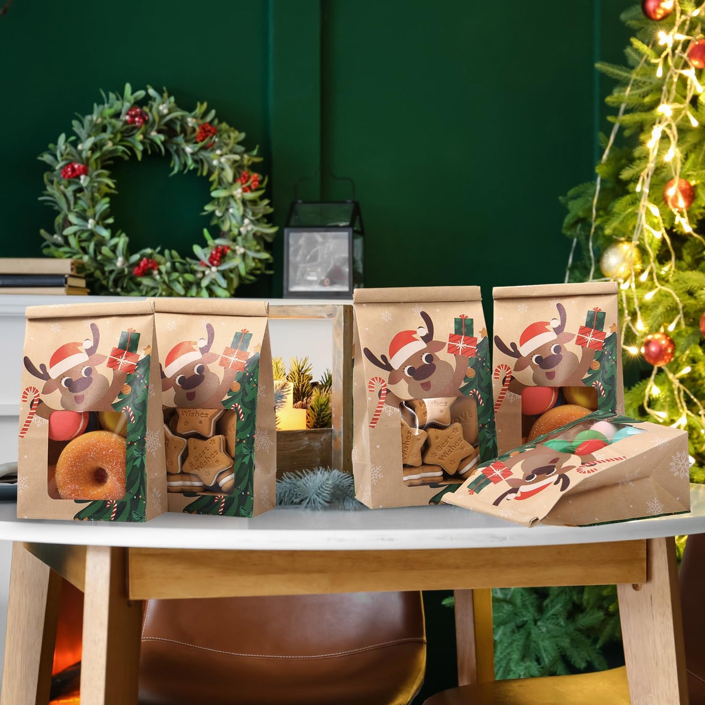 Fullhawl 120 Pcs Christmas Bakery Bags With Window, 4 x 2.36 x 6.7 Inch Tin Tie Tab Lock Small Xmas Kraft Paper Cookie Treat Popcorn Bags for Winter Holiday Party Favor