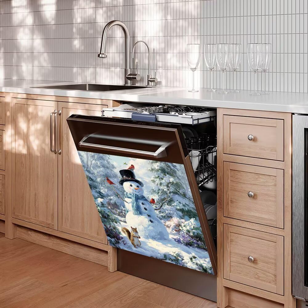 Dishwasher Magnet Cover, Snowman Dishwasher Magnetic Decorative, Winter Snow Dishwasher Magnet Covers for Front, Xmas Tree Refrigerator Magnets Sticker for Home Kitchen Decor, 23"x26"
