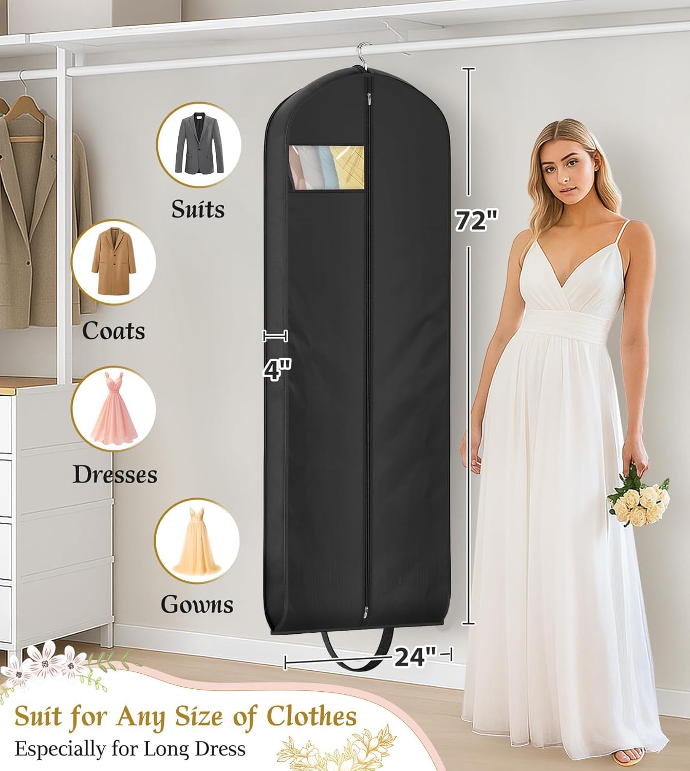 KEETDY Wedding Dress Garment Bag for Travel with 4" Gusseted Long Hanging Dress Bags for Gowns for Women Garment Cover Clothes Storage for Closet (Black, 72 inch)