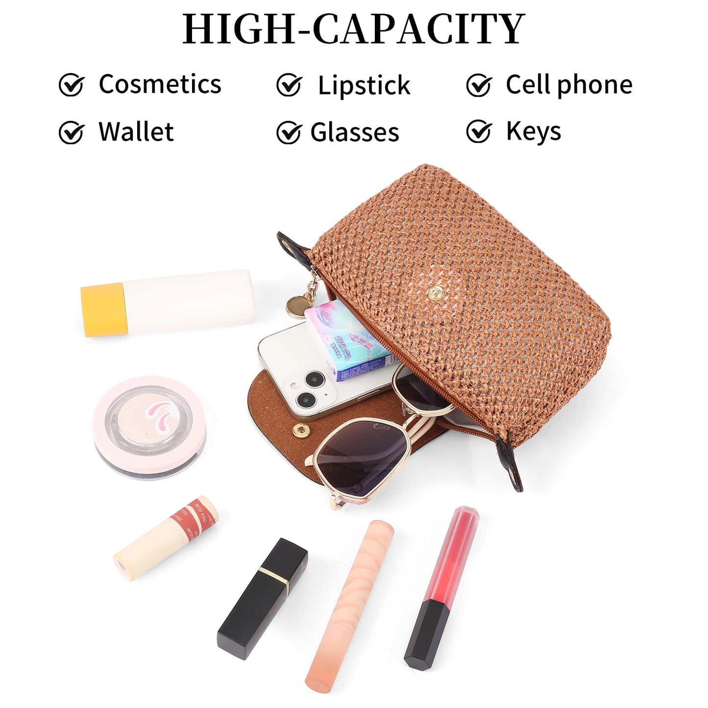 RNIEGA Mini Straw Braided Handbag for Women Vegan Leather Lightweight Crossbody Bag Fashion Handle Beach Shoulder Purse