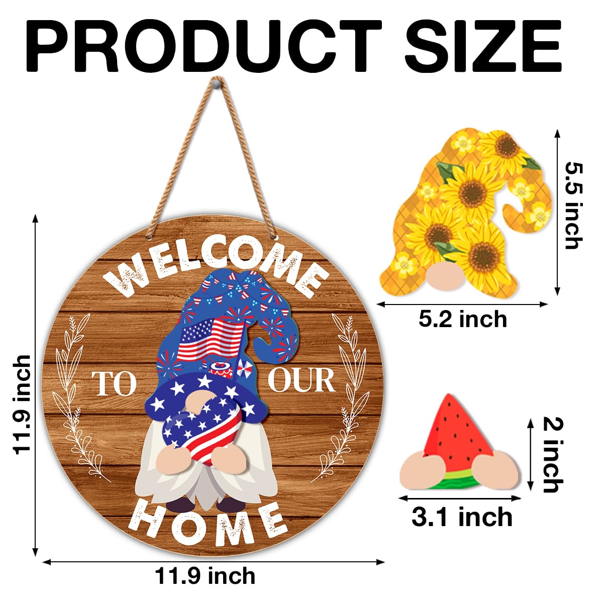 Interchangeable Gnome Welcome Sign Summer Patriotic 4th of July Door Wreath for Home, Gnomes Front Porch Decor Seasonal Wall Hanging Wood Wreath for Spring Fall Winter All Seasons Holiday, Caramel