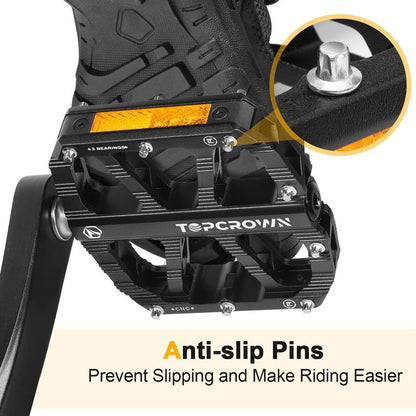 Topcrown Mountain Bike Pedals with Reflectors, Aluminum Metal Bicycle Flat Pedals 9/16" - 3 Sealed Bearings, Non-Slip Wide Platform with Removable Pins for MTB, Road Bike, BMX, Ebike (Black)