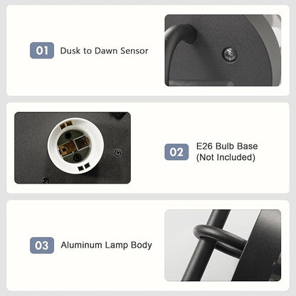 Outdoor Dusk to Dawn Outdoor Wall Lantern Grey Modern Exterior Wall Mount Light Fixture with Photocell E26 Waterproof Porch Light for Patio Garage Front Door (Bulbs Not Included)