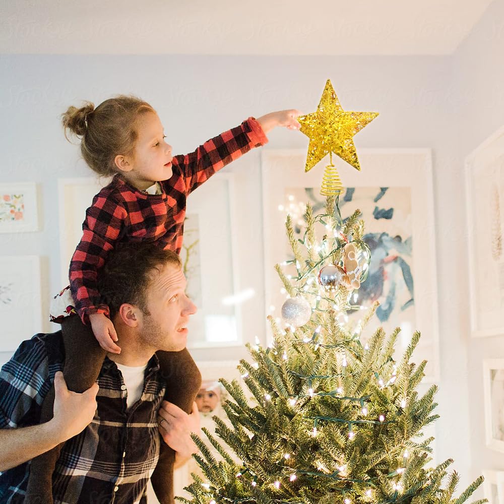 Raxurt Christmas Tree Topper, 40 LED 10 Inches USB Lighted Star Tree Topper with Remote Control for Christmas Tree Decorations, Gold/Large