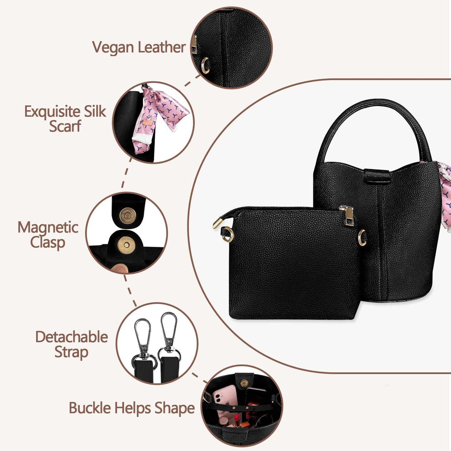 JongCen Vegan Leather Bucket Bag for Women Crossbody Bucket Purse with Removable & Adjust Shoulder Strap Fashion Bucket Handbag
