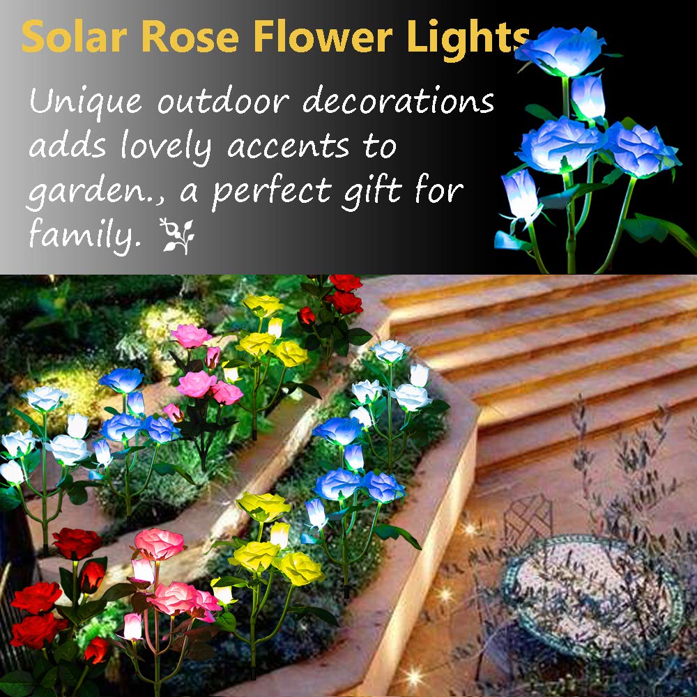 Solar Garden Stake Lights, Rose Flowers Lights LED Solar Stake Lights with 5 Roses Waterproof for Garden, Yard, Christmas Pathway, Grave Decor