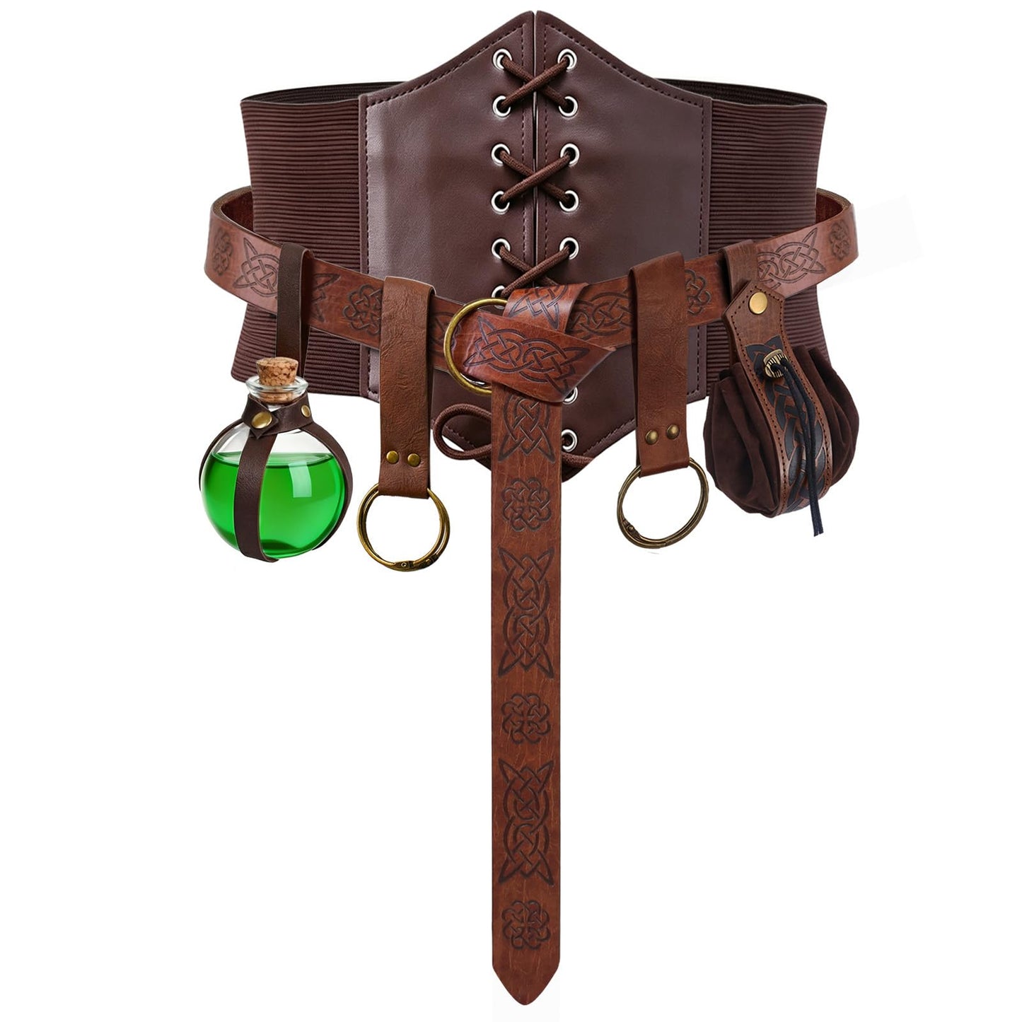 Renaissance Belt Pouch Corset Waistband Magic Potion Bottle Skirt Hike Steampunk Costume Accessory(Brown-A, X-Large)