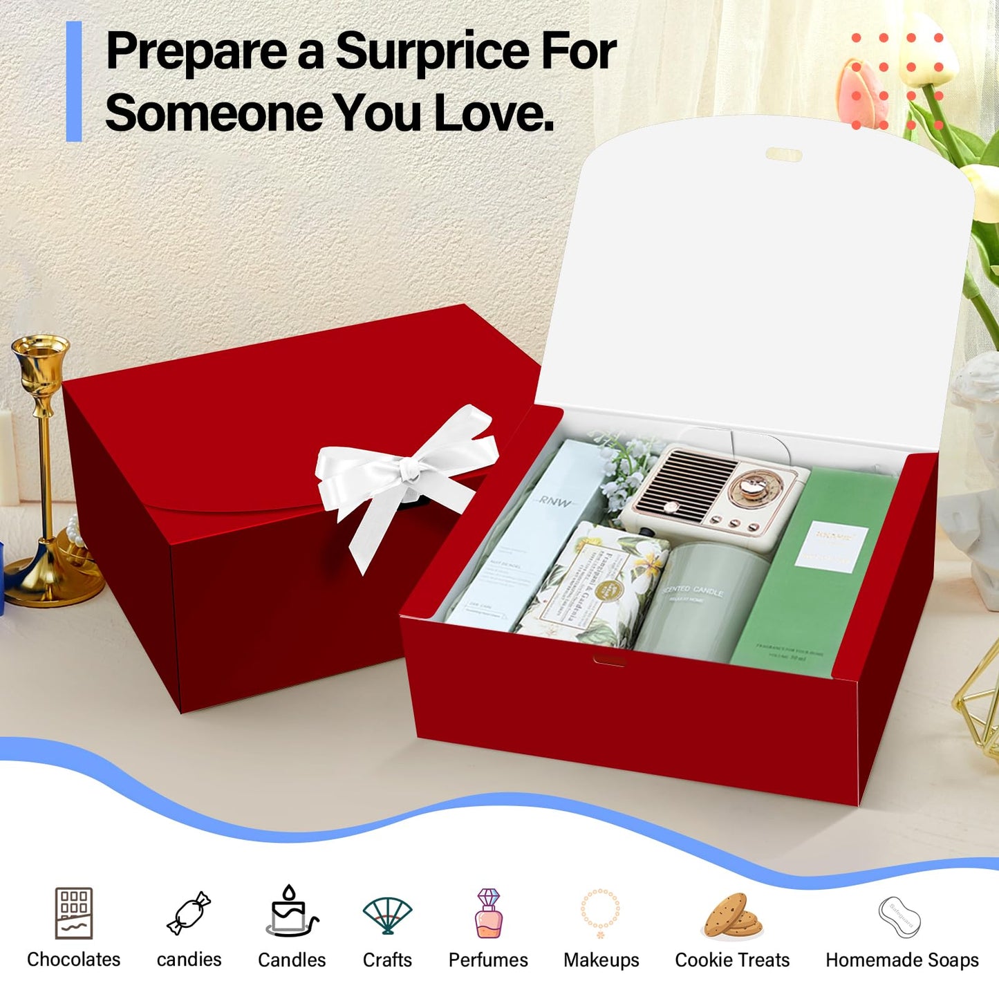 PEKGRIL 15 PCs Gift Boxes with Lids, Red 10X8X4 Inch Gift Boxes, Bridesmaid Proposal Box with Ribbon, Kraft Paper Boxes for Wedding, Packaging, Present, Birthday, Christmas, Party