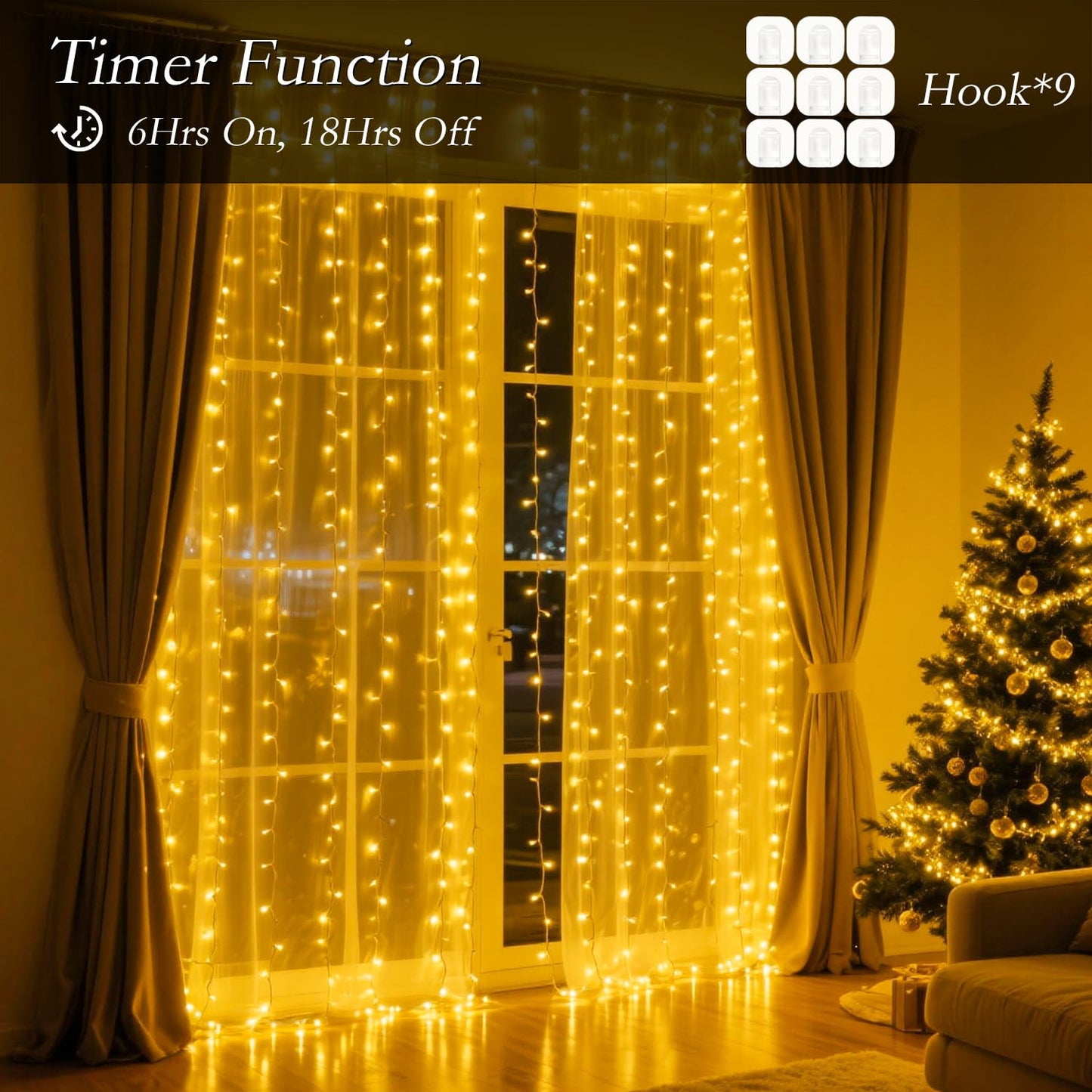 Soagrc 300 LED Warm White Curtain String Lights 9.8x9.8FT, Plug in Fairy Lights with 9 Hooks, Dimmable, Timer & 8 Modes, IP44 Waterproof, Bedroom Wall Wedding Backdrop Christmas Indoor Outdoor Decor