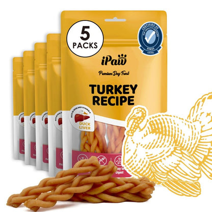 iPaw 5 Stock-Up Combo Turkey Dog Treats, SQF Certified Human Grade Dog Treat, Suitable for Training Chew, Hypoallergenic, Rawhide Alternative, Braided Stick (Duck Liver), 5 Packs