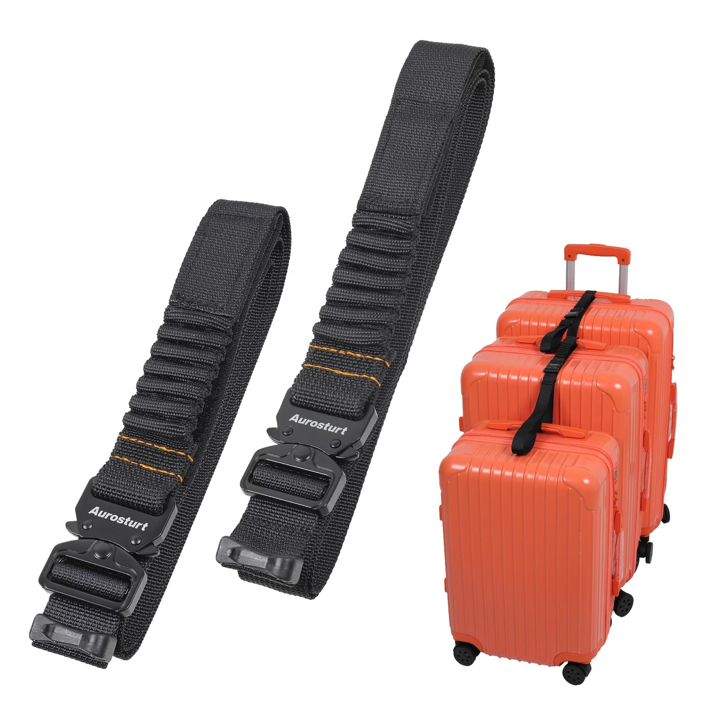 Aurosturt Luggage Straps 2-Pack, Suitcase Connector Straps to Connect 3 Luggage Bags, Heavy-Duty Nylon Webbing with Metal Buckles, Adjustable Travel Belt for Carry On or Checked Bags