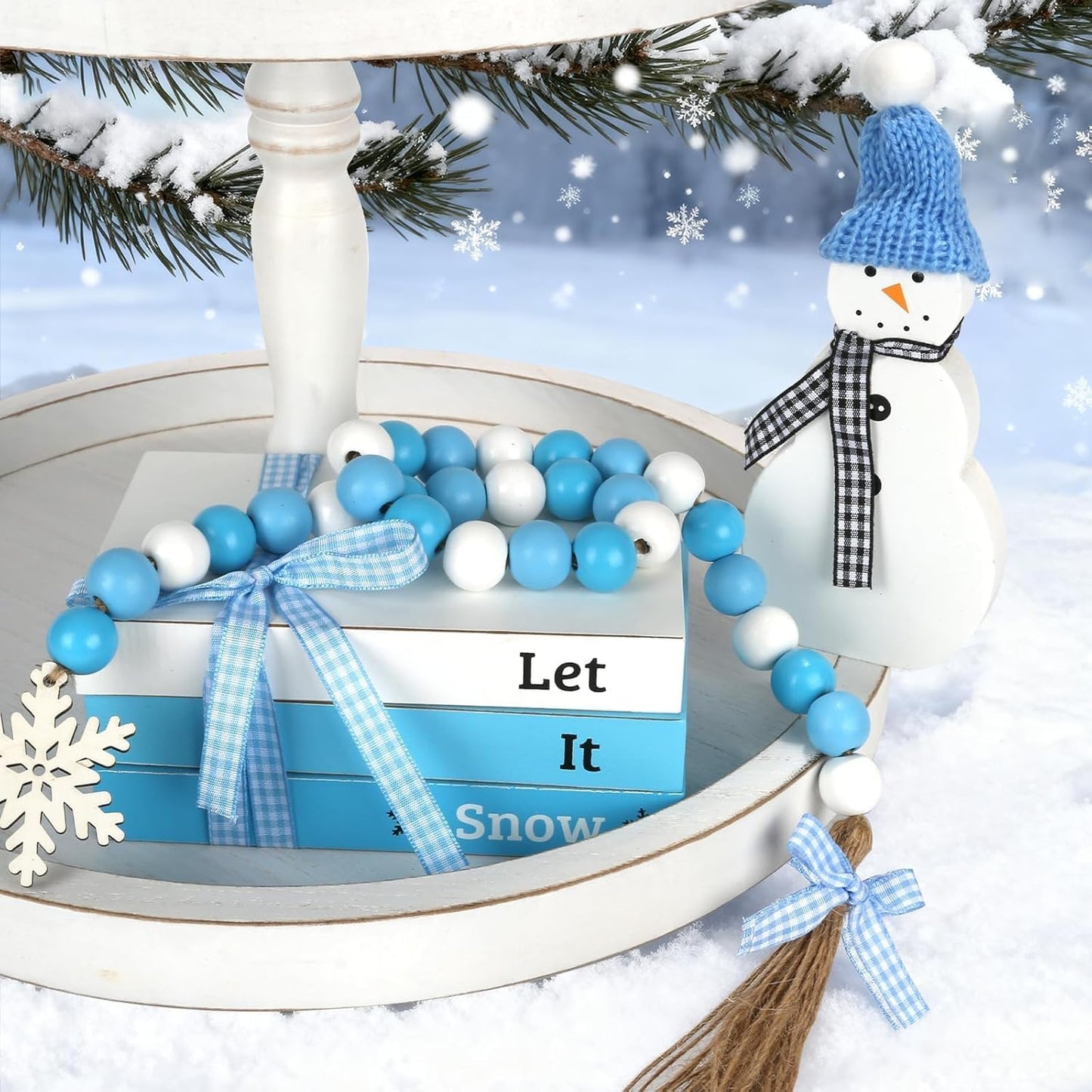 Winter Decorations 5 PCS Table Centerpiece Snowman Decor, Cute Tabletop Winter Decor for Tiered Tray Shelf Mantel Fireplace Coffee Bar Office Desk, New Year Decorations Faux Book Snowman Bead Garland