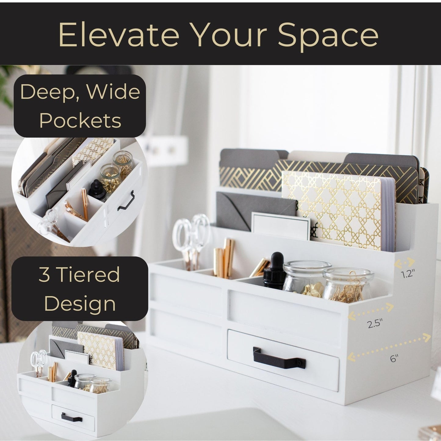 BLU MONACO | White Desktop Organizer with Drawer Storage | Tabletop Organizer with Drawers for Paper Bills Mail | Wooden Mail Organizer for Countertop Workspace