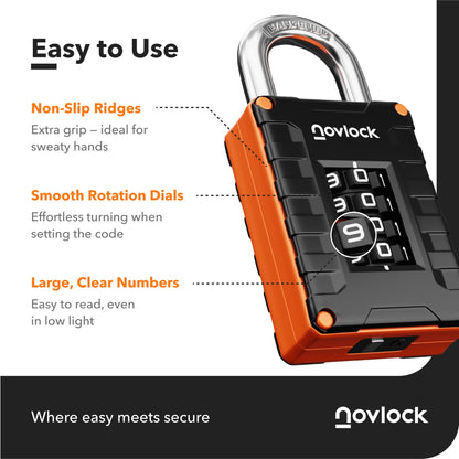 NOVLOCK Locker Lock for Gym, School, Home & Work | 4-Digit Combination Padlock | 1-Pack, Black/Orange