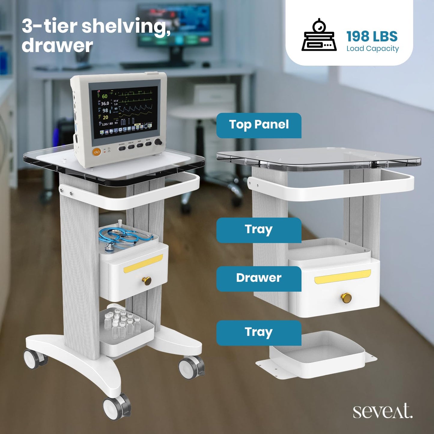 Seveat Professional Medical Cart | 3-Tier Rolling Trolley with Drawers | 198 lbs Capacity | Portable Utility Cart for Hospitals, Clinics, Spa, Office, or Home (White)