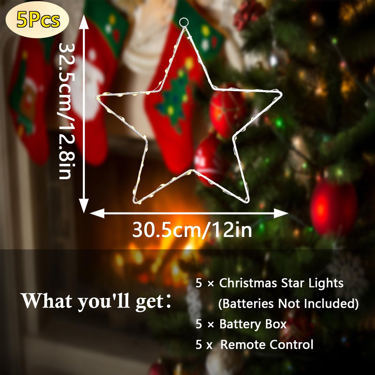 wominoy LED Christmas Window Star Decoration - 5 Pack 200 Hanging Star Lights Battery Operated 8 Modes with 5 Remote Controls for Indoor, Outdoor Christmas Window Decorations, Porch, Warm White