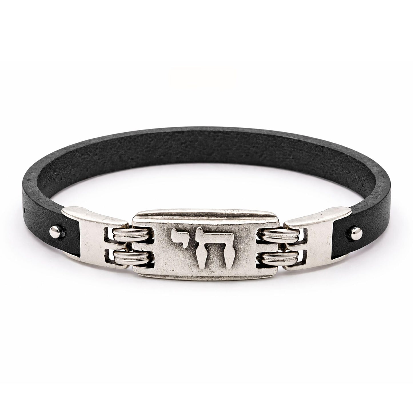 Alef Bet by Paula Chai Leather Bracelet for Men and Boys - Genuine Black Leather with Silver Plated Hebrew Chai Charm - Symbol of Life - Adjustable Bar Mitzvah Gift