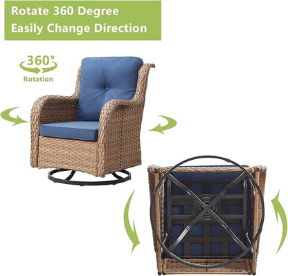 Rilyson Patio Chairs Rocking Swivel Chiar - 3 Piece Outdoor Wicker Patio Bistro Set Rattan Rocker Glider Chairs with High Back and Deep Seating for Outside Porch Deck Garden(Yellow/Blue)