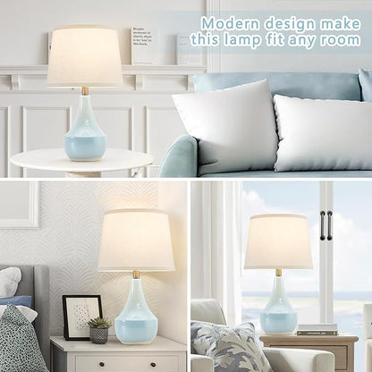 GyroVu Table Lamp Set of 2, 18.63” Ceramic Lamp Classic Beside Lamps Nightstand Lamp Modern Cute Lamp for Living Room, Bedroom & Office Rocker Swtich Sky Blue-LED Bulbs Included