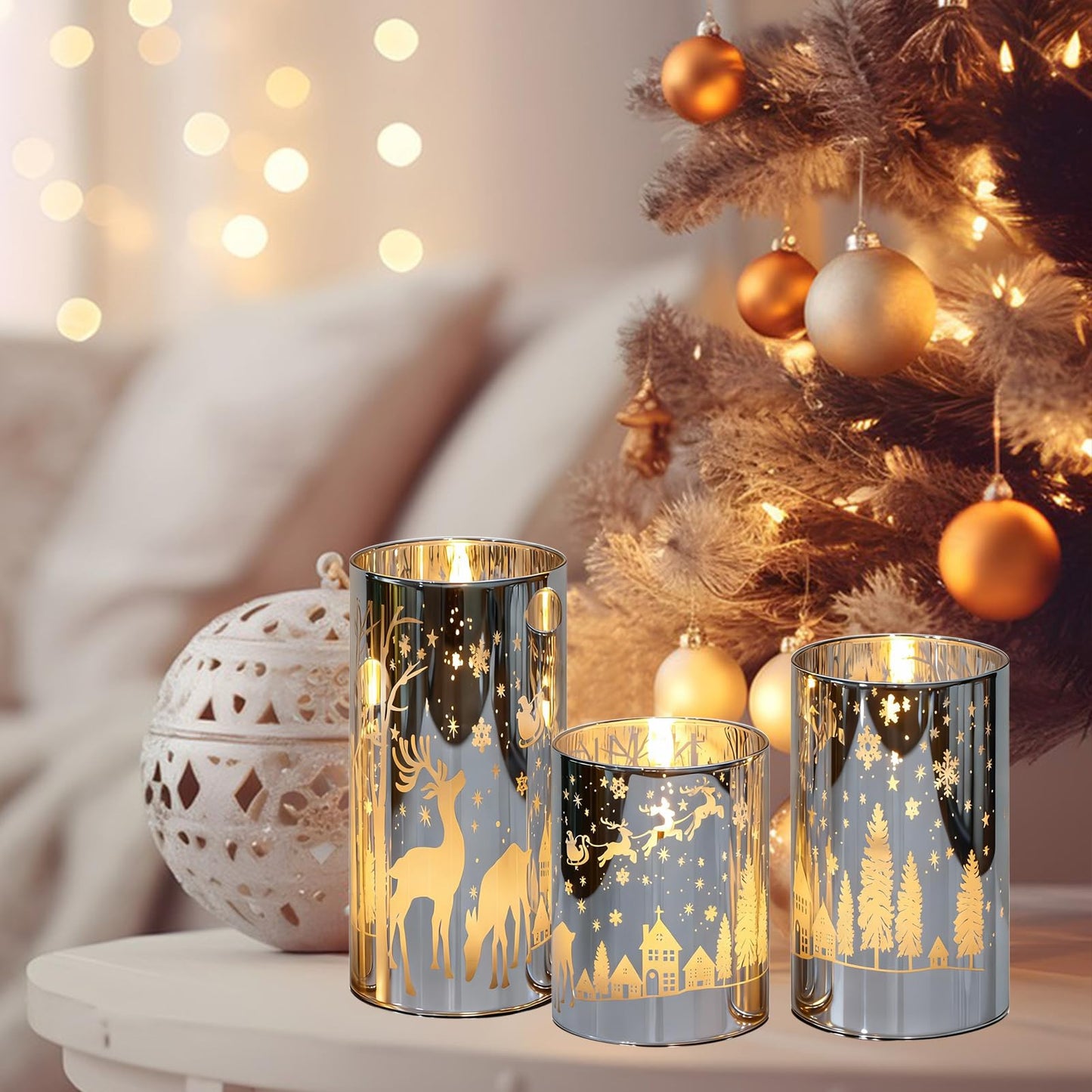 Lasumora Silver Christmas Reindeer Flameless Candles with Remote Timer, Set of 3 LED Candles in Plated Glass Holder, Battery Operated Candles Real Wax for Home Décor Christmas Gifts, D3”x H4” 5” 6”