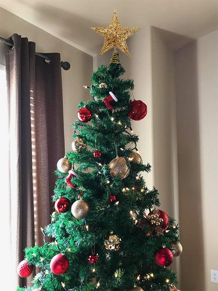 Christmas Tree Star Topper, Xmas Tree Topper Glittered 5 Point Star Treetop for Christmas Tree Ornament Indoor Party Home Decoration (Golden, 6inch)