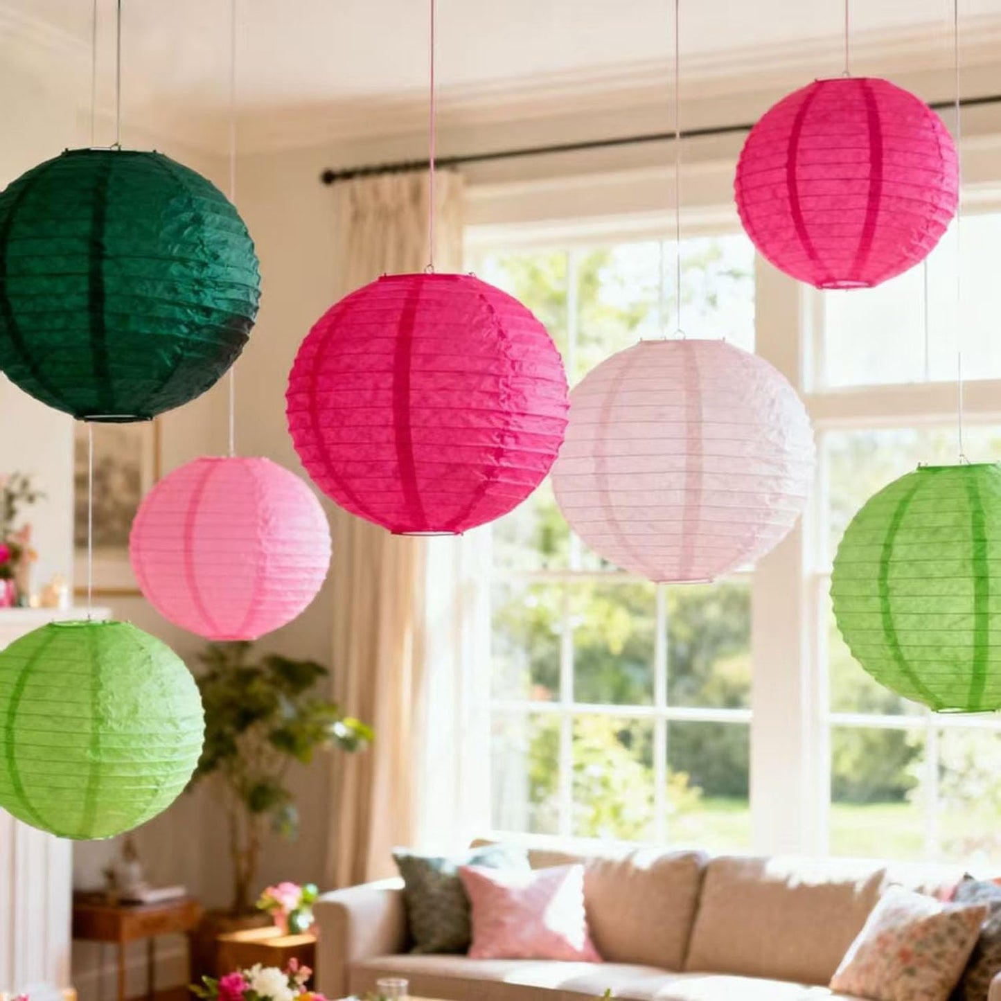 Green and Pink Paper Lanterns 12Pcs Hanging Lantern for Birthday Party, Wedding, Home Decor, Baby Shower Festive Decoration