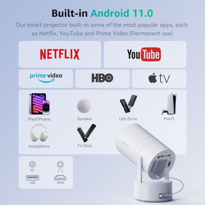 Polocsh Mini Projector, Rechargeable Portable Outdoor Smart Projector with 4K Support, Auto Keystone, Android 11 Small Projector with WiFi and Bluetooth, Electric Focus Home Theater for iphone