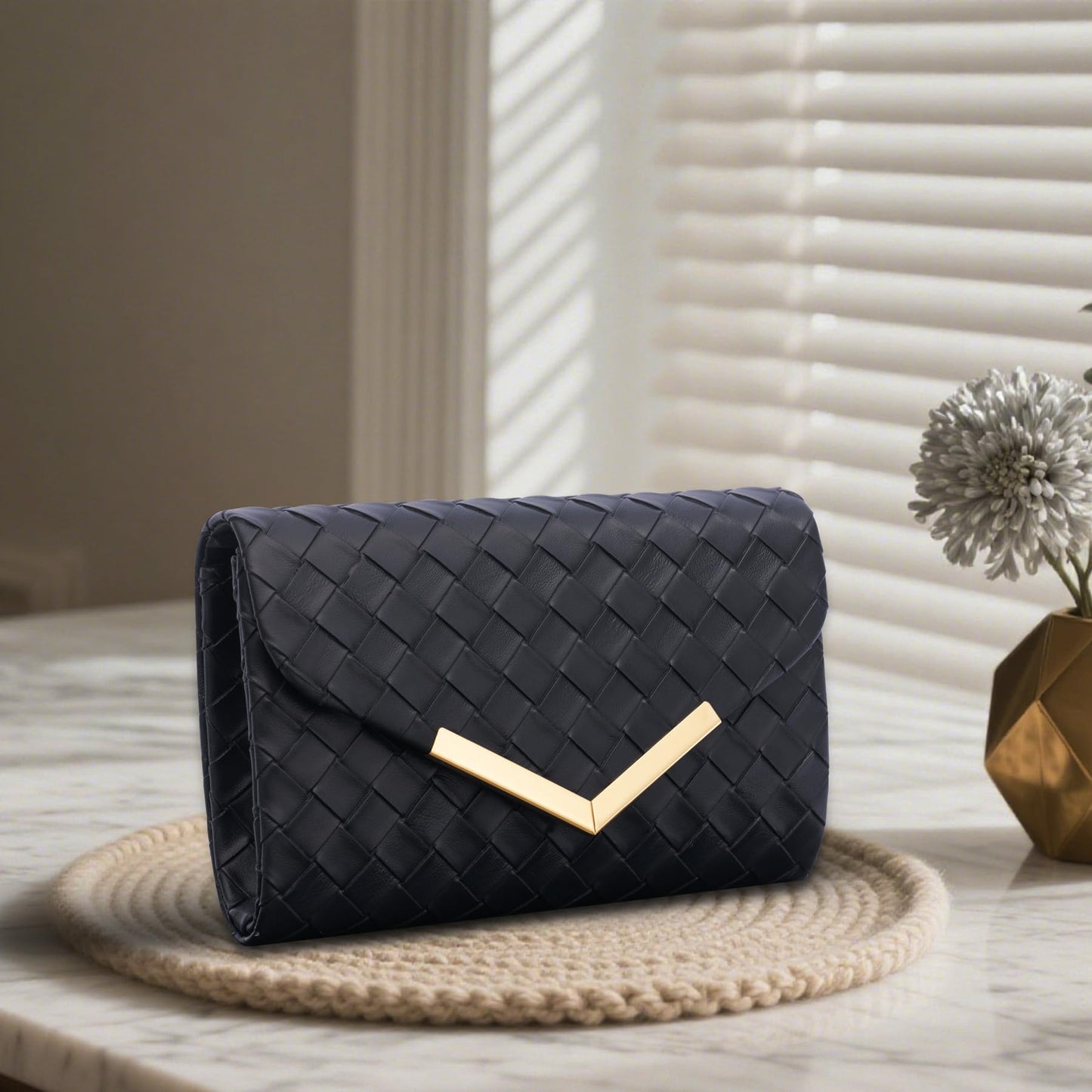 Larcenciel Clutch Purse for Women, Woven Black Leather Evening Bag w/Chain Strap, Formal Envelope Clutch Handbag, Elegant Crossbody Shoulder Party Bags for Wedding, Prom, Cocktail Night, Date, Dinner