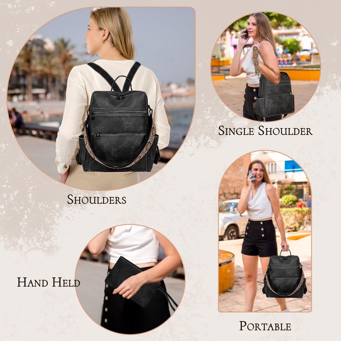 Puwuzixi Backpack Purse for Women, Waterproof PU Leather Back pack, Lightweight Fashion Multipurpose Convertible Travel Backpack Purse Shoulder Bag Handbag, Black