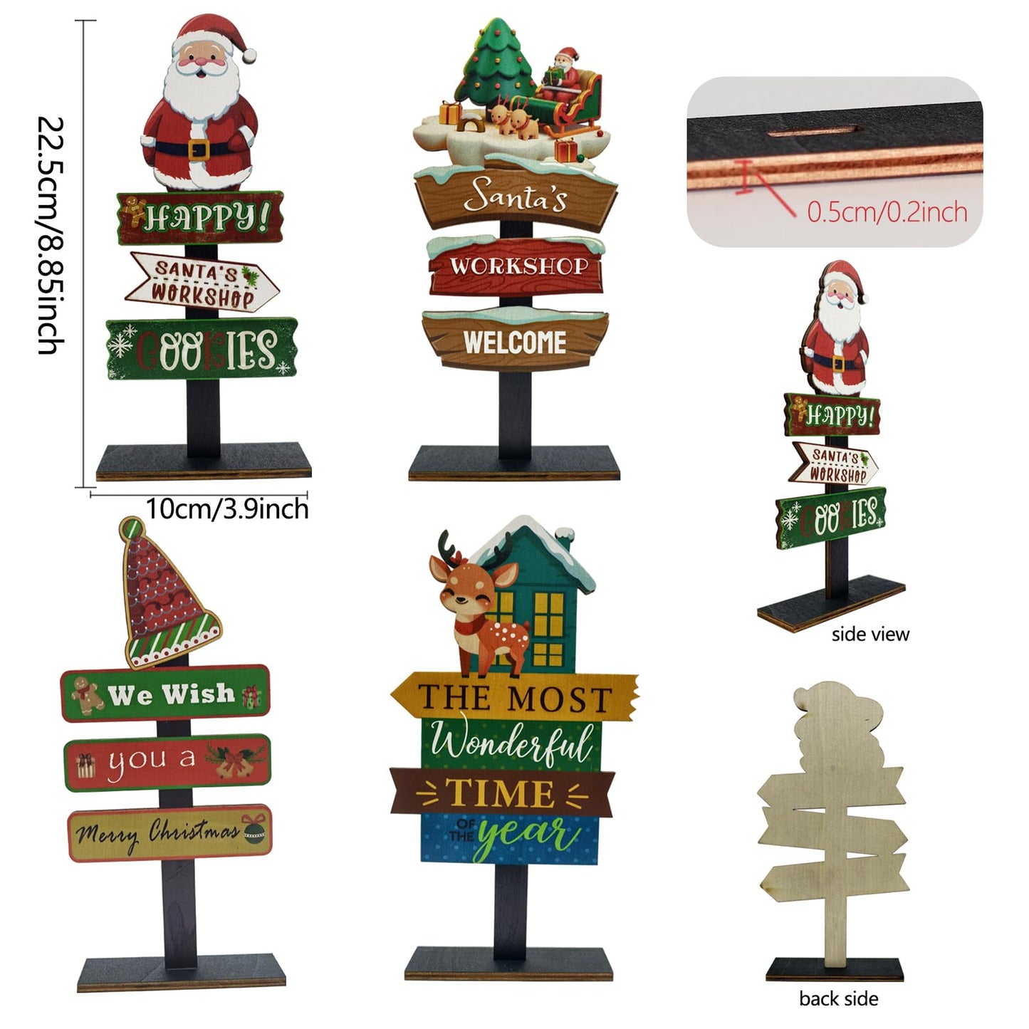 YvSuZeBuDa Christmas Table Decorations, 4 Piece Wooden Rectangular Sign Boards, Rustic Farmhouse Style, Polychrome, 8.86 x 4.72 Inches, Wall Mount with Twine, Cozy Theme (Santa hat)